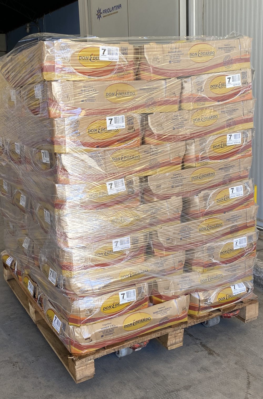 Pallet de cajones de pollo fresco Don Eduardo listo para distribución
